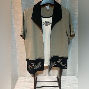 Alfred Dunner Black and Tan Blouse with Floral Embroidery